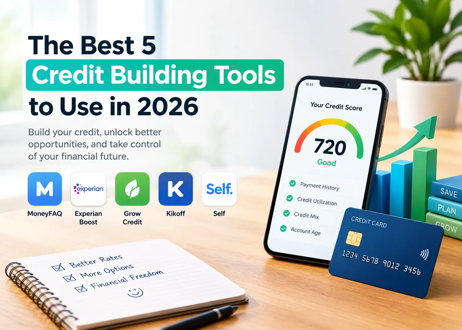 Best credit building tools for 2026 featuring a smartphone credit score dashboard, upward financial growth chart, credit card, savings checklist, and icons representing MoneyFAQ, Experian Boost, Grow Credit, Kikoff, and Self for consumers building stronger credit histories.